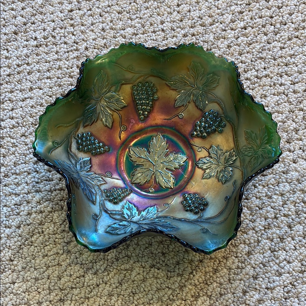Fenton Green Carnival Glass Iridescent Green and Gold scalloped Bowl